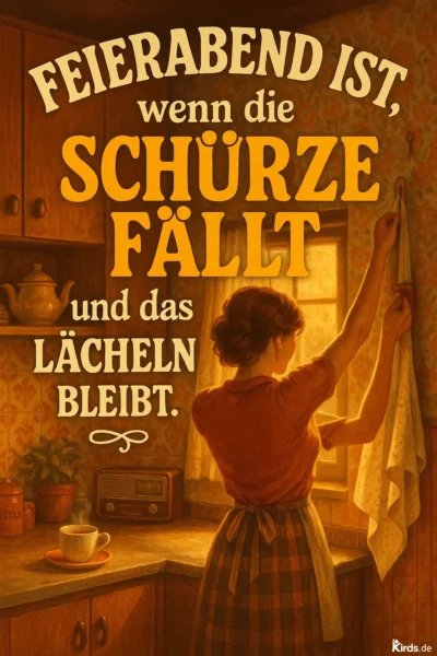 Dieses Spruch-Bild ist stimmungsvoll und nostalgisch: Eine Frau steht mit dem Rücken zum Betrachter in einer gemütlichen, warm beleuchteten Küche. Sie trägt eine karierte Schürze, die sie gerade abnimmt, während das Licht sanft durch das Fenster scheint. Die Szene strahlt Ruhe und Zufriedenheit aus. Auf der Arbeitsfläche stehen eine Tasse, ein Radio und Küchenutensilien – alles in einem warmen Retro-Stil gehalten. Der Spruch ist prominent und typografisch abwechslungsreich ins Bild integriert, wobei die Worte „Schürze fällt“ besonders groß und leuchtend hervorgehoben sind.