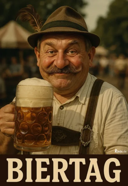 Dieses Spruch-Bild strahlt Lebensfreude und Tradition aus: Ein fröhlicher, älterer Mann in bayerischer Tracht mit einem markanten Schnurrbart hält einen großen Maßkrug Bier in der Hand. Er trägt einen traditionellen Hut mit Feder und eine helle Trachtenbluse mit Hosenträgern. Im Hintergrund erkennt man verschwommen eine festliche Atmosphäre, die an ein Volksfest oder einen Biergarten erinnert.