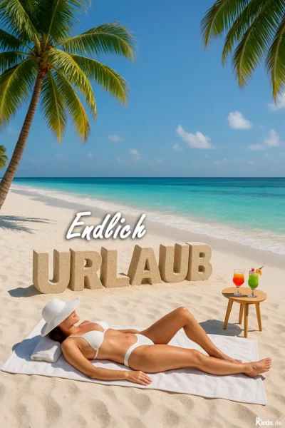 Dieses Spruch-Bild strahlt pure Urlaubsfreude und Entspannung aus: Eine Frau liegt entspannt auf einem weißen Handtuch am strahlend weißen Sandstrand. Sie trägt einen weißen Bikini und einen weißen Sonnenhut, der ihr Gesicht vor der Sonne schützt. Im Hintergrund schimmert das türkisfarbene Meer unter einem klarblauen Himmel. Zwei große Palmen rahmen die Szene ein und sorgen für tropisches Flair. Im Sand stehen große Buchstaben, die das Wort „URLAUB“ formen, daneben steht auf einem kleinen Holztischchen zwei bunte Cocktails in Gläsern. Der Spruch „Endlich Urlaub“ ist in schwungvoller weißer Schrift über die Szenerie gelegt.