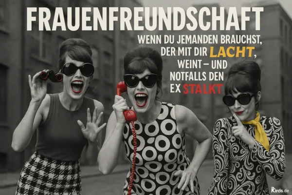 Dieses Spruch-Bild ist humorvoll und im Retro-Stil gehalten: Drei Frauen in auffälliger 60er-Jahre-Kleidung stehen lachend auf der Straße. Eine hält ein Fernglas, die andere ein rotes Telefon, die dritte legt verschwörerisch den Finger auf die Lippen. Alles ist in Schwarz-Weiß gehalten, bis auf rote Details wie Lippenstift, Accessoires und der Schriftzug. Die Szene wirkt wie eine witzige Agentenparodie auf weibliche Solidarität.