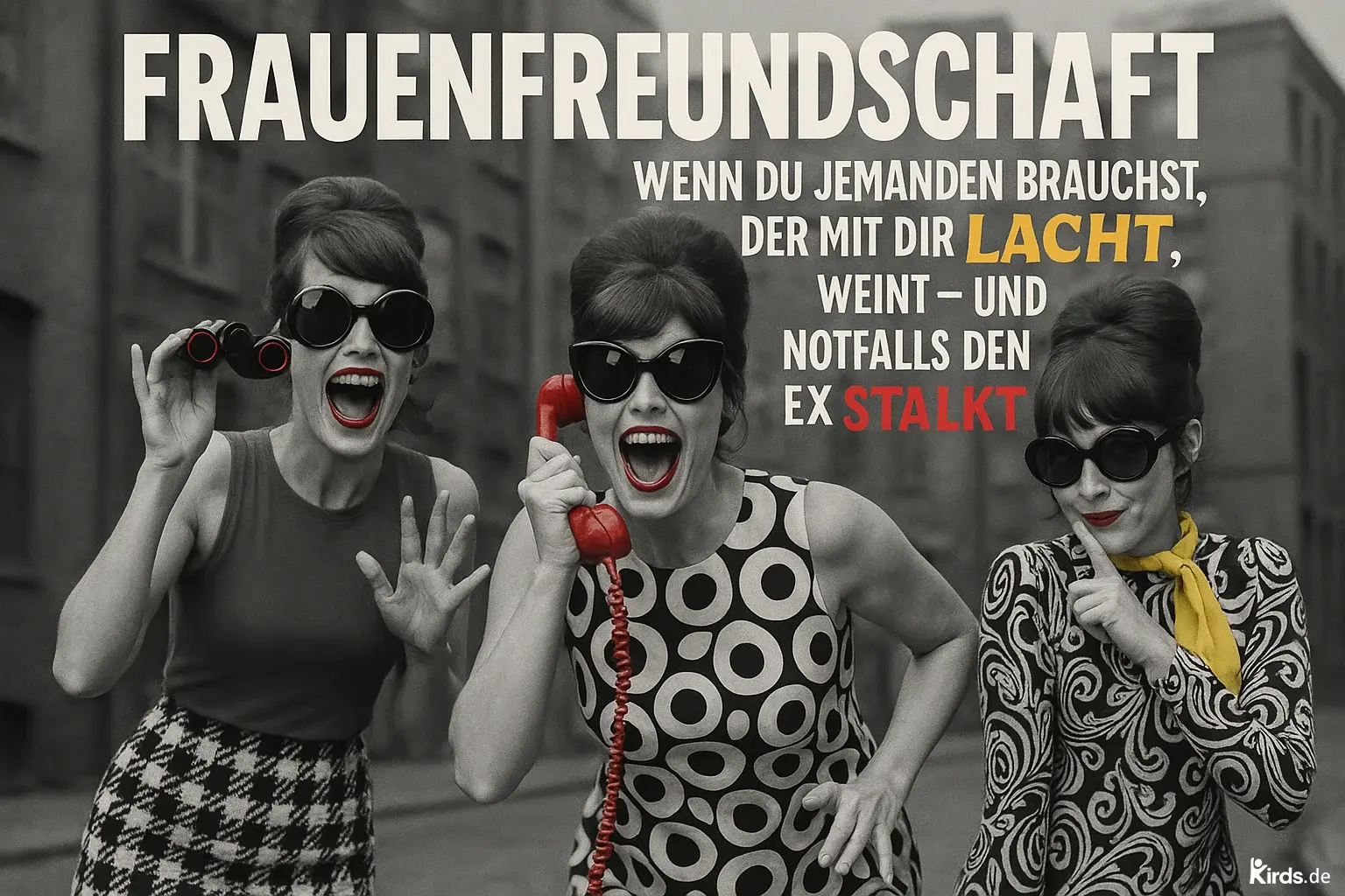 Dieses Spruch-Bild ist humorvoll und im Retro-Stil gehalten: Drei Frauen in auffälliger 60er-Jahre-Kleidung stehen lachend auf der Straße. Eine hält ein Fernglas, die andere ein rotes Telefon, die dritte legt verschwörerisch den Finger auf die Lippen. Alles ist in Schwarz-Weiß gehalten, bis auf rote Details wie Lippenstift, Accessoires und der Schriftzug. Die Szene wirkt wie eine witzige Agentenparodie auf weibliche Solidarität.