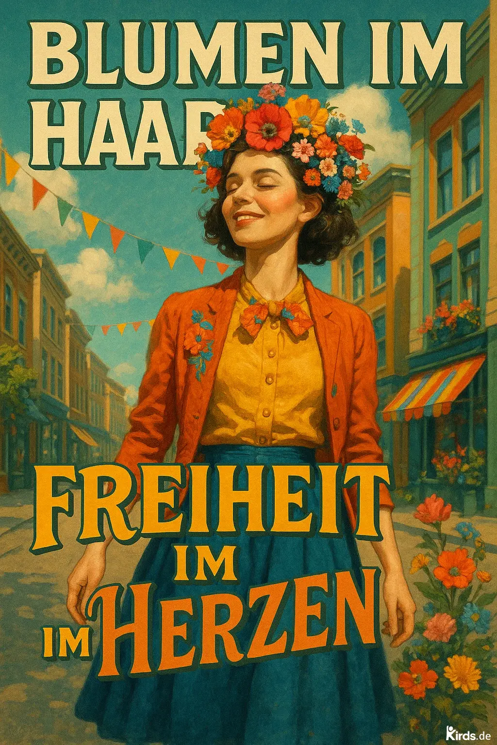 Dieses Spruch-Bild zeigt eine fröhliche junge Frau, die in einer farbenfrohen Stadtstraße spaziert. Sie trägt einen Kranz aus bunten Blumen im Haar, eine rote Jacke, eine gelbe Bluse und einen blauen Rock. Der Hintergrund ist geprägt von alten, charmanten Häuserfassaden, bunten Wimpelketten und blühenden Blumenbeeten. Die Atmosphäre wirkt sommerlich, lebendig und frei. Der Spruchtext ist groß und auffällig im Bild integriert.