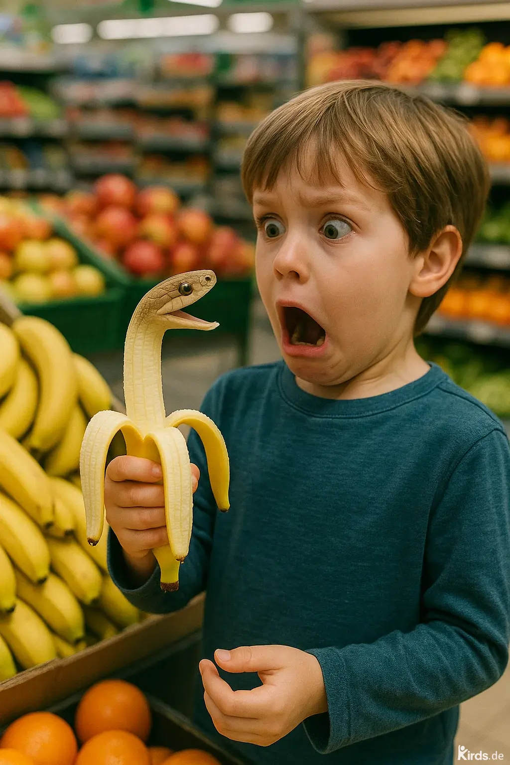 Dieses Spruch-Bild ist kreativ und skurril: Ein kleiner Junge hält eine halb geschälte Banane in der Hand, aus der sich eine Schlangenkopf-Attrappe herausstreckt. Der Junge zeigt eine übertriebene Schreckreaktion mit weit aufgerissenen Augen und offenem Mund. Im Hintergrund sieht man bunte Obst- und Gemüseregale eines Supermarkts.