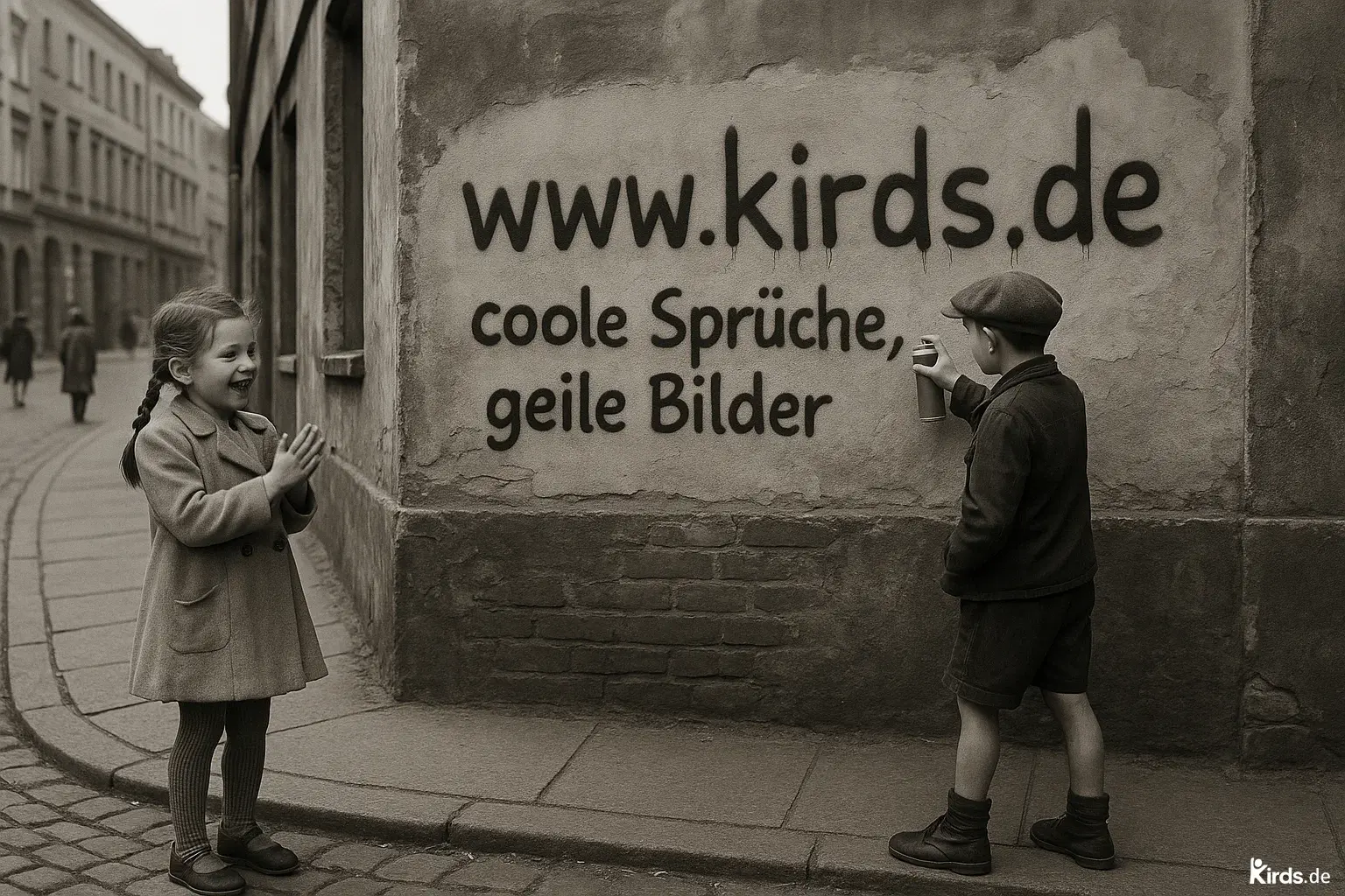 Dieses Spruch-Bild zeigt eine nostalgische Straßenszene in einem Schwarz-Weiß- oder Sepia-Look. Auf einer verwitterten Hauswand steht groß geschrieben „www.kirds.de coole Sprüche, geile Bilder“, wie mit Sprühfarbe aufgetragen. Ein kleiner Junge mit Schiebermütze und kurzer Hose sprüht gerade den Text auf die Wand, während ein Mädchen mit geflochtenen Zöpfen und einem Mantel begeistert daneben steht und in die Hände klatscht. Die Straße ist gepflastert und im Hintergrund sieht man alte Häuser und Passanten in historischer Kleidung, was dem Bild einen charmanten Retro-Touch verleiht.