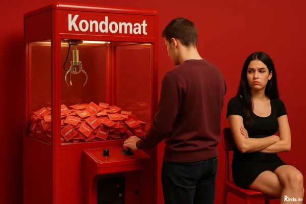 Das Bild zeigt eine humorvolle Szene: Ein junger Mann steht vor einem Greifautomaten („Kondomat“ genannt), der mit vielen roten Päckchen – offenbar Kondome – gefüllt ist. Er bedient konzentriert den Automaten, um eines zu greifen. Daneben sitzt eine junge Frau auf einem roten Stuhl, die Arme verschränkt und mit verärgertem oder enttäuschtem Gesichtsausdruck. Der gesamte Hintergrund und die Einrichtung sind in kräftigem Rot gehalten, was die Szene noch auffälliger und einheitlicher erscheinen lässt. Das Bild spielt auf witzige Weise auf Themen wie Vorbereitung, Verhütung und möglicherweise Ungeduld oder Missverständnisse in Beziehungen an.