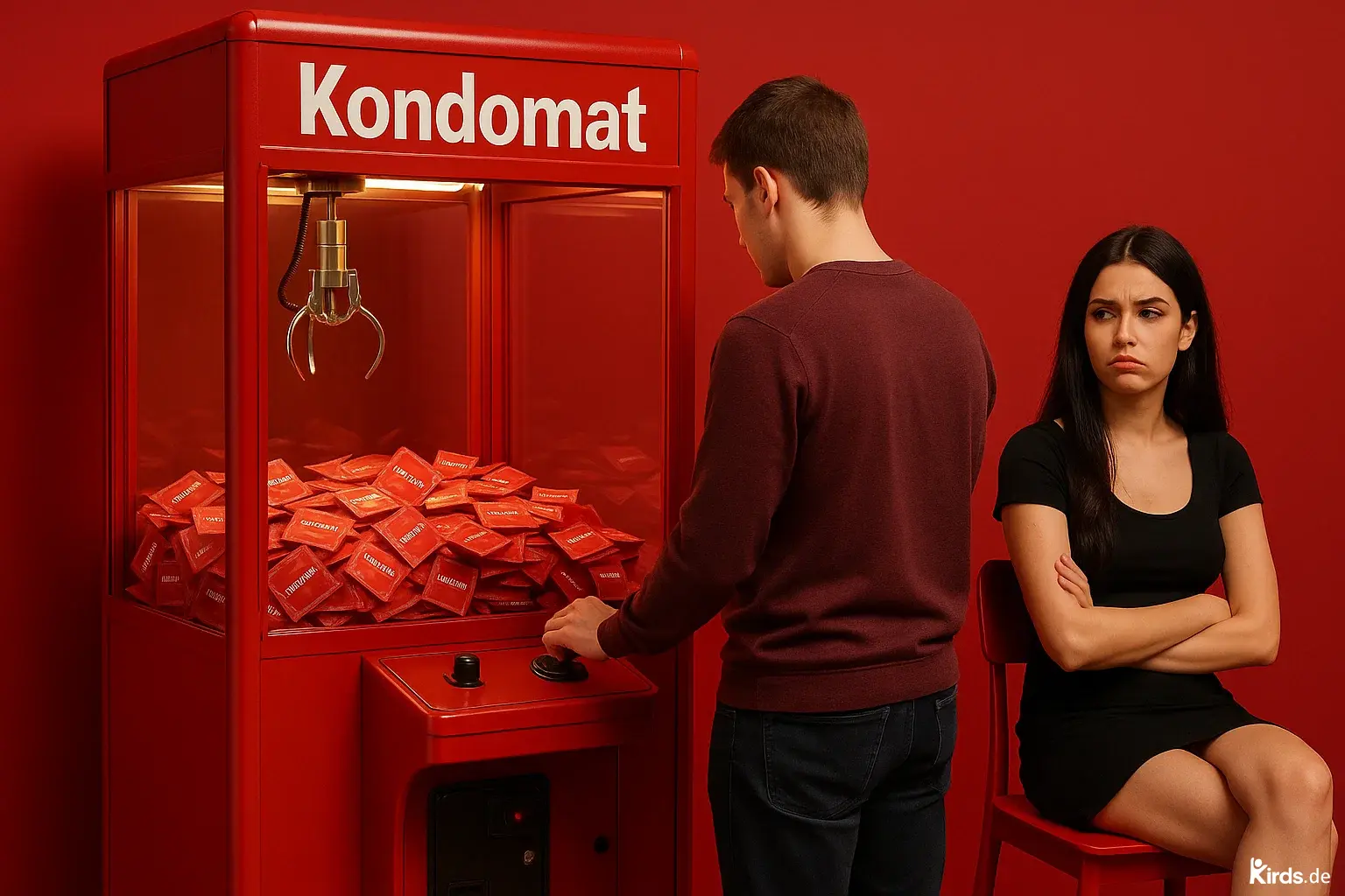 Das Bild zeigt eine humorvolle Szene: Ein junger Mann steht vor einem Greifautomaten („Kondomat“ genannt), der mit vielen roten Päckchen – offenbar Kondome – gefüllt ist. Er bedient konzentriert den Automaten, um eines zu greifen. Daneben sitzt eine junge Frau auf einem roten Stuhl, die Arme verschränkt und mit verärgertem oder enttäuschtem Gesichtsausdruck. Der gesamte Hintergrund und die Einrichtung sind in kräftigem Rot gehalten, was die Szene noch auffälliger und einheitlicher erscheinen lässt. Das Bild spielt auf witzige Weise auf Themen wie Vorbereitung, Verhütung und möglicherweise Ungeduld oder Missverständnisse in Beziehungen an.