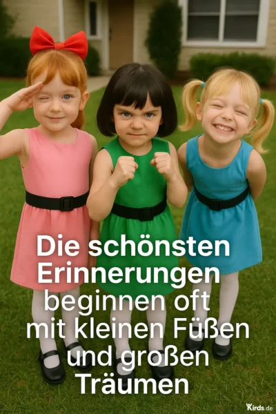 Drei kleine Mädchen stehen nebeneinander auf einer gepflegten Rasenfläche vor einem Haus mit heller Fassade. Jedes trägt ein farbenfrohes Kleid – rosa, grün und blau – mit einem schwarzen Gürtel. Das Mädchen links hat rote Haare, eine große rote Schleife im Haar und salutiert mit einem Augenzwinkern. In der Mitte steht ein ernst blickendes Mädchen mit schwarzem Bob und geballten Fäusten in kämpferischer Pose. Rechts grinst ein blondes Mädchen mit Zöpfen übers ganze Gesicht. Ihre Körperhaltung strahlt Lebensfreude, kindliche Stärke und Entschlossenheit aus. Der Spruch ist groß und zentriert über das untere Drittel des Bildes gelegt und hebt sich deutlich in Weiß vom grünen Gras ab.