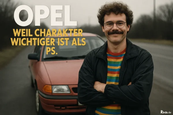 Dieses Spruch-Bild strahlt Retro-Charme und Individualität aus: Ein Mann mit markantem Schnurrbart, Brille und bunter Ringelshirt steht selbstbewusst mit verschränkten Armen vor einem älteren roten Opel. Der Hintergrund zeigt eine verlassene Landstraße an einem trüben Tag – eine Szenerie, die den Kontrast zwischen Bescheidenheit und Charakter wunderbar unterstreicht. Das Schriftbild ist plakativ, die Worte "OPEL" und der Spruch heben sich in Weiß und Gelb stark vom Bild ab – ein kraftvoller visueller Auftritt mit Ironie und Herz.