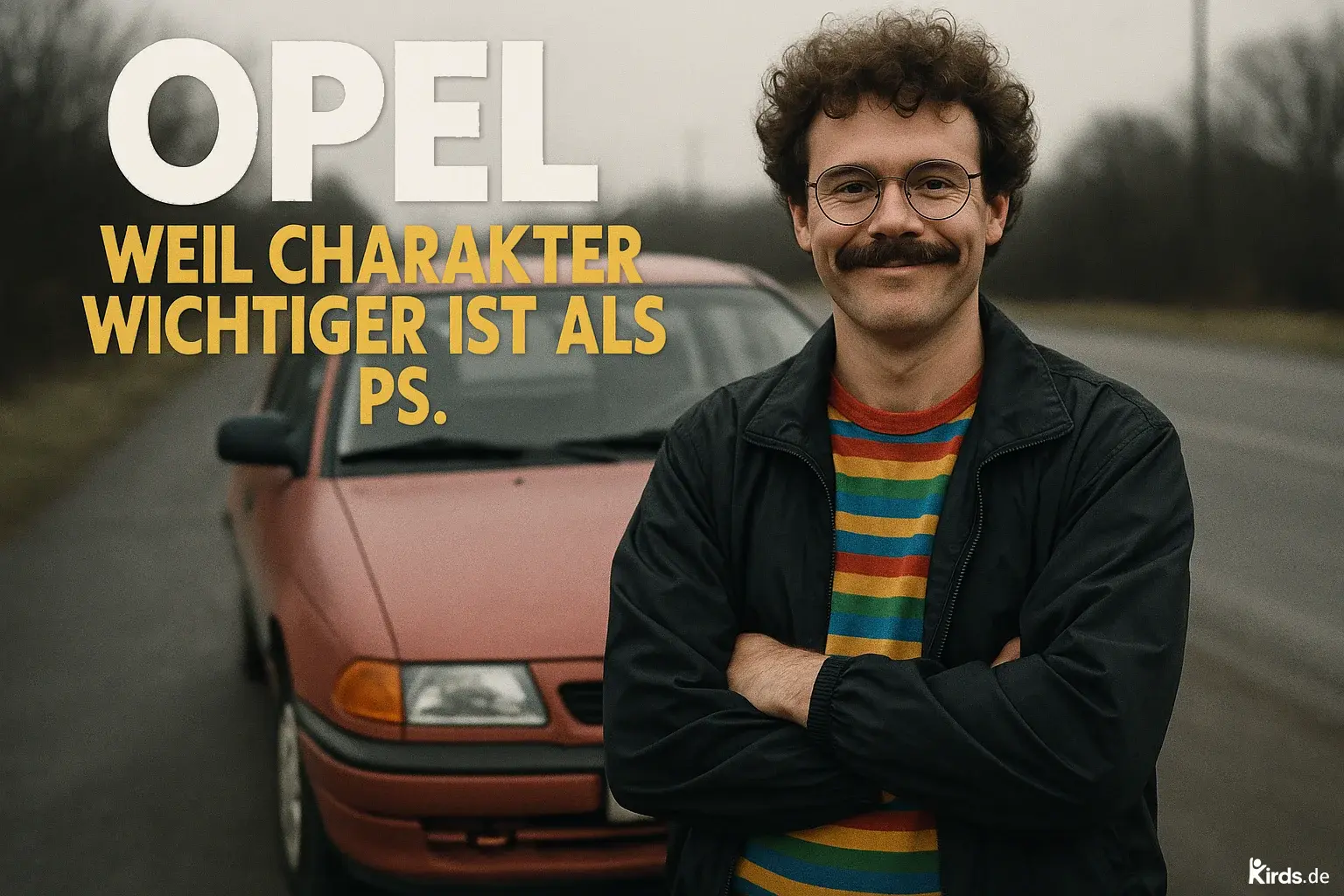 Dieses Spruch-Bild strahlt Retro-Charme und Individualität aus: Ein Mann mit markantem Schnurrbart, Brille und bunter Ringelshirt steht selbstbewusst mit verschränkten Armen vor einem älteren roten Opel. Der Hintergrund zeigt eine verlassene Landstraße an einem trüben Tag – eine Szenerie, die den Kontrast zwischen Bescheidenheit und Charakter wunderbar unterstreicht. Das Schriftbild ist plakativ, die Worte "OPEL" und der Spruch heben sich in Weiß und Gelb stark vom Bild ab – ein kraftvoller visueller Auftritt mit Ironie und Herz.