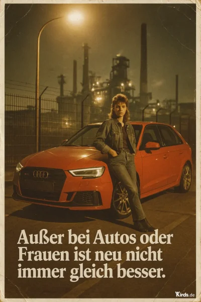 Dieses Bild wirkt wie aus einem Retrofilm der 80er: Eine Frau mit Vokuhila-Frisur lehnt selbstbewusst an einem modernen, roten Audi RS3, der vor einer düsteren Industrielandschaft mit qualmenden Schornsteinen und hoher Umzäunung steht. Die Szene wird von einer gelblichen Straßenlaterne beleuchtet, die eine nostalgische, fast filmische Atmosphäre erzeugt. Die Kombination aus moderner Technik (Auto), Retro-Styling (Outfit & Frisur) und industriellem Hintergrund schafft einen starken Kontrast, der den Spruch pointiert unterstützt: „Außer bei Autos oder Frauen ist neu nicht immer gleich besser.“