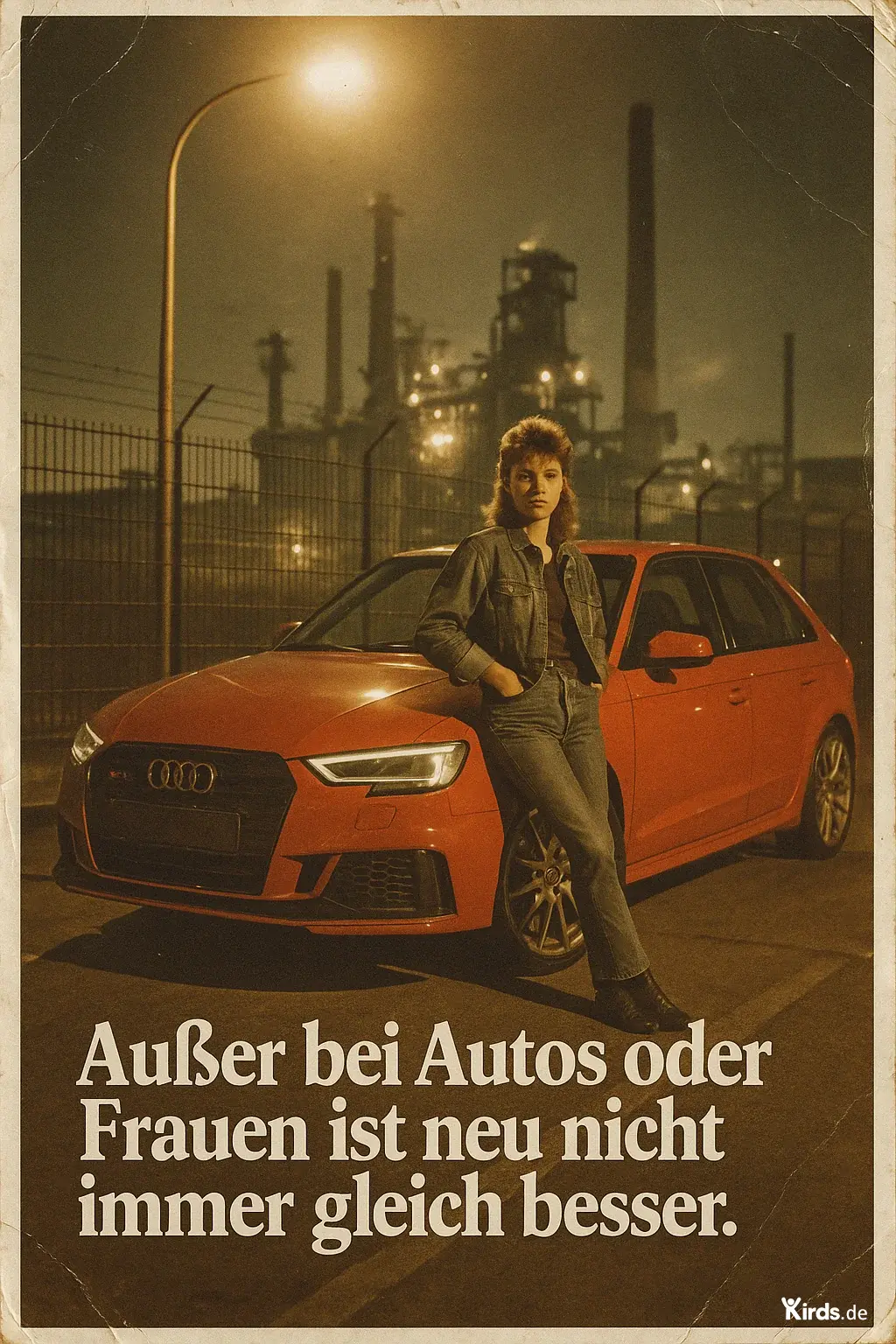 Dieses Bild wirkt wie aus einem Retrofilm der 80er: Eine Frau mit Vokuhila-Frisur lehnt selbstbewusst an einem modernen, roten Audi RS3, der vor einer düsteren Industrielandschaft mit qualmenden Schornsteinen und hoher Umzäunung steht. Die Szene wird von einer gelblichen Straßenlaterne beleuchtet, die eine nostalgische, fast filmische Atmosphäre erzeugt. Die Kombination aus moderner Technik (Auto), Retro-Styling (Outfit & Frisur) und industriellem Hintergrund schafft einen starken Kontrast, der den Spruch pointiert unterstützt: „Außer bei Autos oder Frauen ist neu nicht immer gleich besser.“