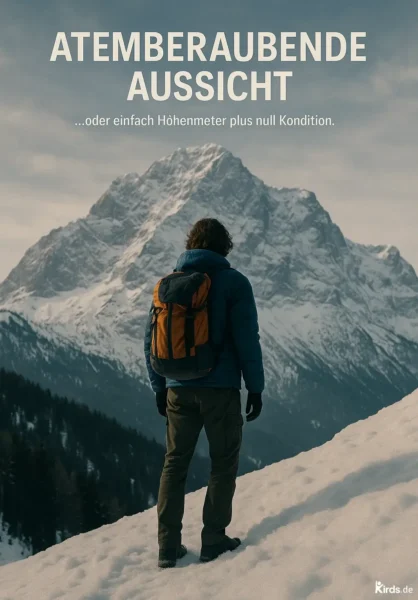 Dieses Spruch-Bild zeigt einen Wanderer mit orange-blauem Rucksack, der auf einer schneebedeckten Anhöhe steht und in die Ferne blickt. Vor ihm ragt ein imposanter, verschneiter Berg majestätisch in den Himmel. Der Himmel ist leicht bewölkt, die Stimmung wirkt ruhig und ehrfürchtig. Der Spruch steht in großen Lettern oben im Bild, während der ironische Nachsatz dezent darunter platziert ist – eine perfekte Kombination aus Naturerlebnis und Selbstironie.