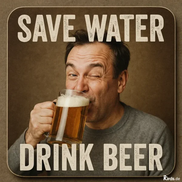 Auf dem Bild ist ein fröhlicher Mann mittleren Alters zu sehen, der in einem grauen Pullover gekleidet ist. Er hält mit einer Hand einen großen Bierkrug mit goldenem Bier und einer feinen Schaumkrone. Während er einen Schluck nimmt, zwinkert er frech in die Kamera. Der Hintergrund ist schlicht braun gehalten, sodass der Fokus voll auf der Person und dem Bier liegt. Ober- und unterhalb des Mannes ist der Spruch „SAVE WATER – DRINK BEER“ in großen weißen Buchstaben aufgedruckt. Das gesamte Bild wirkt humorvoll, freundlich und lädt zum Schmunzeln ein.