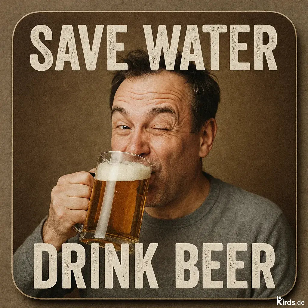 Auf dem Bild ist ein fröhlicher Mann mittleren Alters zu sehen, der in einem grauen Pullover gekleidet ist. Er hält mit einer Hand einen großen Bierkrug mit goldenem Bier und einer feinen Schaumkrone. Während er einen Schluck nimmt, zwinkert er frech in die Kamera. Der Hintergrund ist schlicht braun gehalten, sodass der Fokus voll auf der Person und dem Bier liegt. Ober- und unterhalb des Mannes ist der Spruch „SAVE WATER – DRINK BEER“ in großen weißen Buchstaben aufgedruckt. Das gesamte Bild wirkt humorvoll, freundlich und lädt zum Schmunzeln ein.