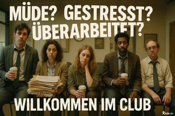 Dieses Spruch-Bild zeigt fünf erschöpfte, müde aussehende Büroangestellte, die auf Stühlen sitzen. Alle tragen formelle Büro-Outfits. Drei Personen halten Kaffeebecher in der Hand, eine Person hält einen großen Stapel Akten. Ihre Gesichtsausdrücke sind ernst, müde und resigniert. Die Szenerie spielt in einem typischen Büroambiente mit kahlen Wänden und schlichter Einrichtung.