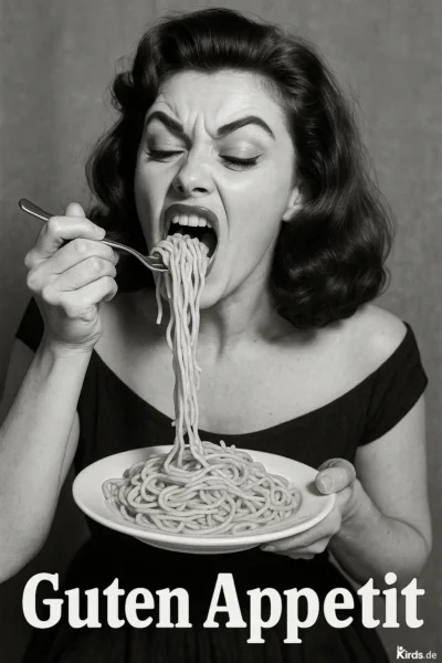 Dieses Spruch-Bild ist humorvoll und ausdrucksstark: Eine Frau im Vintage-Look mit voluminöser Frisur isst begeistert einen Teller Spaghetti. Ihr Gesichtsausdruck zeigt überspitzte Freude und Hunger, während sie die langen Nudeln energisch mit einer Gabel in den Mund schiebt. Das Bild ist in Schwarz-Weiß gehalten und strahlt durch die Körpersprache der Frau eine humorvolle Lebendigkeit aus.