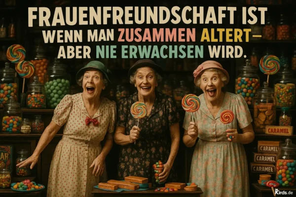 Dieses Spruch-Bild ist charmant und humorvoll gestaltet: Drei ältere Damen stehen fröhlich in einem nostalgischen Süßwarenladen. Sie tragen farbenfrohe Kleider und halten riesige Lollis in den Händen. Ihre Mimik strahlt pure Lebensfreude aus – ein Sinnbild für lebenslange Freundschaft, Verspieltheit und das kindliche Herz im Erwachsenenalter. Der Hintergrund ist voll mit Bonbongläsern, Karamellblöcken und bunten Süßigkeiten – eine perfekte Szenerie, die den Spruch visuell unterstützt.