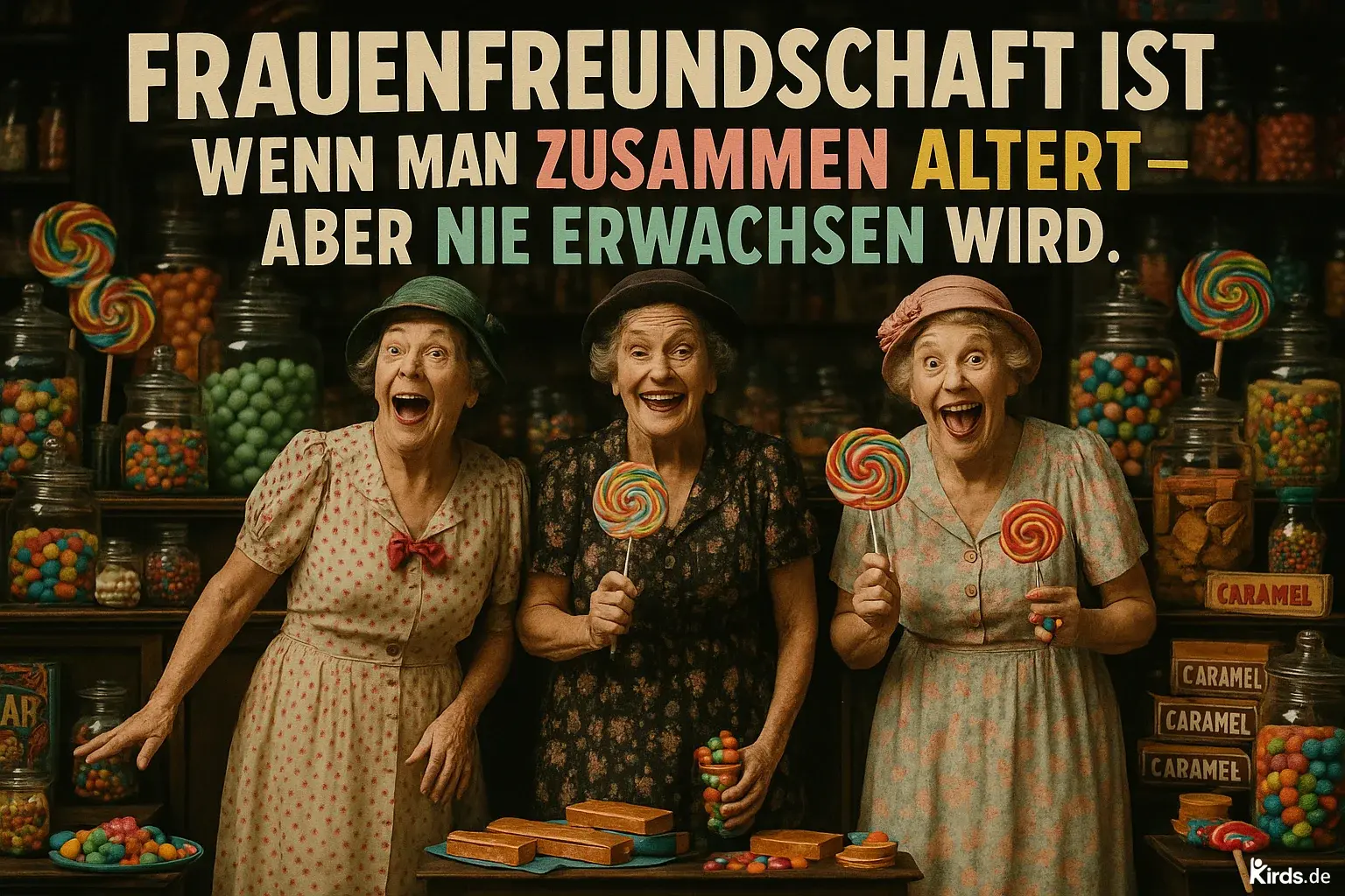 Dieses Spruch-Bild ist charmant und humorvoll gestaltet: Drei ältere Damen stehen fröhlich in einem nostalgischen Süßwarenladen. Sie tragen farbenfrohe Kleider und halten riesige Lollis in den Händen. Ihre Mimik strahlt pure Lebensfreude aus – ein Sinnbild für lebenslange Freundschaft, Verspieltheit und das kindliche Herz im Erwachsenenalter. Der Hintergrund ist voll mit Bonbongläsern, Karamellblöcken und bunten Süßigkeiten – eine perfekte Szenerie, die den Spruch visuell unterstützt.