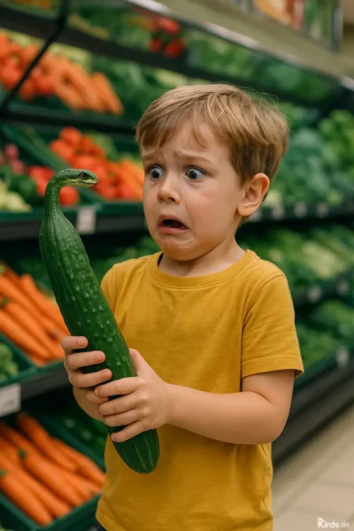 Dieses Spruch-Bild ist humorvoll und kreativ inszeniert: Ein kleiner Junge steht im Gemüsebereich eines Supermarktes und hält eine große Gurke, deren oberes Ende zu einer realistisch aussehenden Schlangenkopf gestaltet ist. Der Junge blickt erschrocken und ängstlich auf die Gurkenschlange, während im Hintergrund bunte Karotten und weiteres Gemüse zu sehen sind. Die Szene ist lebendig und fängt perfekt den Überraschungsmoment ein.