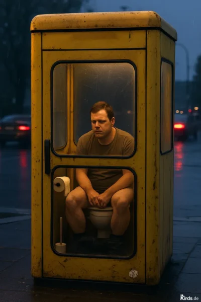 Dieses Spruch-Bild ist humorvoll und gesellschaftskritisch zugleich: Ein Mann sitzt auf einer Toilette in einer alten, gelben Telefonzelle mitten auf der Straße. Er wirkt nachdenklich, fast resigniert, während draußen die Nacht anbricht und Autos vorbeifahren – eine starke visuelle Metapher für das Spannungsfeld zwischen Rückzug, Absurdität und öffentlichem Leben.