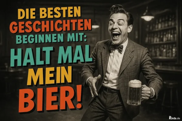 Dieses Spruch-Bild zeigt eine humorvolle Szene: Ein fröhlicher Mann im Retro-Stil, gekleidet in einen Anzug mit Fliege, lacht aus vollem Herzen und hält in der rechten Hand einen großen Bierkrug mit Schaumkrone. Im Hintergrund erkennt man unscharf eine alte Bar mit Holzregalen und Flaschen. Die bunte, plakative Schrift des Spruchs sticht lebendig hervor und unterstreicht die ausgelassene Stimmung.