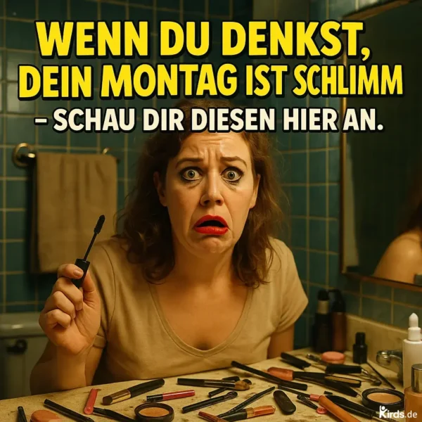 Eine sichtlich gestresste Frau sitzt vor einem Badezimmerspiegel. Ihr Gesichtsausdruck zeigt Panik oder Verzweiflung – die Lippen stark übermalt, die Mascara verschmiert. Vor ihr auf dem Waschbecken liegt ein großes Chaos aus Schminkutensilien. Das Badezimmer wirkt altmodisch mit blauen Kacheln und einfacher Einrichtung. Im Spiegel ist ein Teil ihres Rückens zu sehen. Das gesamte Bild visualisiert perfekt einen "verunglückten Montagmorgen".