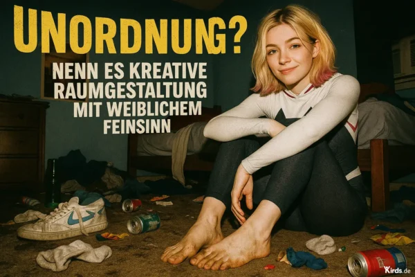 Das Bild zeigt eine junge Frau mit blonden Haaren und rosa Spitzen, die in einem unordentlichen Zimmer auf dem Boden sitzt. Sie ist barfuß, ihre Füße sind sichtbar schmutzig. Um sie herum liegen leere Dosen, Socken, Kleidung und Müll verstreut auf dem Teppich. Im Hintergrund ist ein Bett mit zerwühlter Decke zu sehen. Trotz der Unordnung wirkt die Frau zufrieden und entspannt – sie lächelt leicht, was dem Bild eine ironisch-lässige Stimmung verleiht. Die Szene vermittelt bewusst einen humorvollen Kontrast zwischen äußerem Chaos und innerer Ruhe.