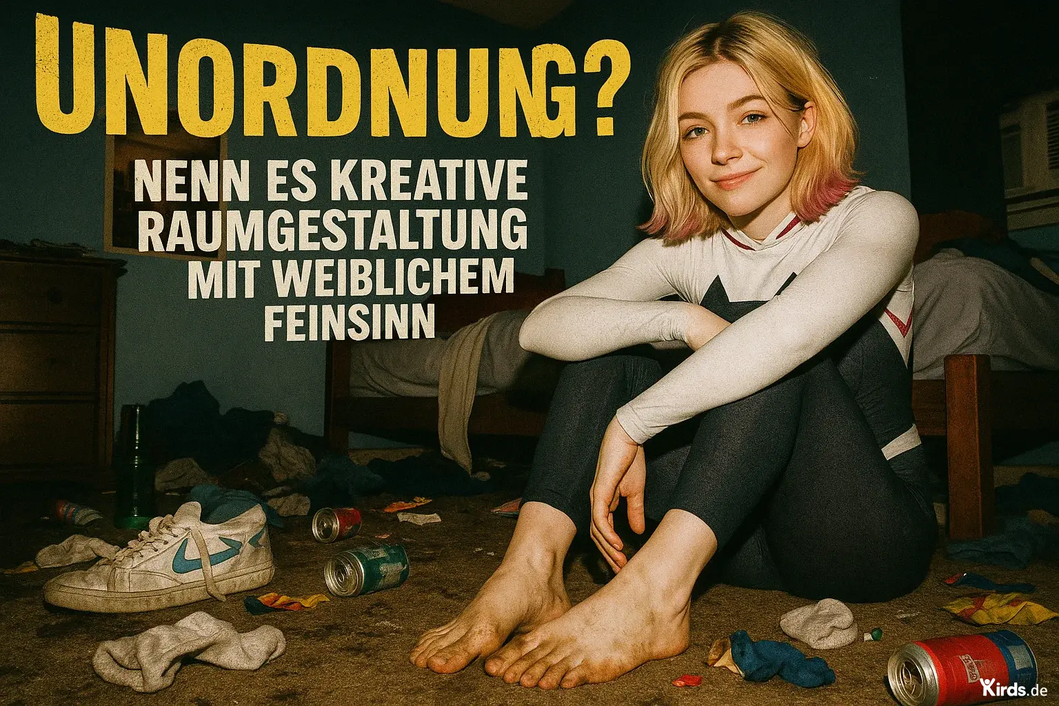Das Bild zeigt eine junge Frau mit blonden Haaren und rosa Spitzen, die in einem unordentlichen Zimmer auf dem Boden sitzt. Sie ist barfuß, ihre Füße sind sichtbar schmutzig. Um sie herum liegen leere Dosen, Socken, Kleidung und Müll verstreut auf dem Teppich. Im Hintergrund ist ein Bett mit zerwühlter Decke zu sehen. Trotz der Unordnung wirkt die Frau zufrieden und entspannt – sie lächelt leicht, was dem Bild eine ironisch-lässige Stimmung verleiht. Die Szene vermittelt bewusst einen humorvollen Kontrast zwischen äußerem Chaos und innerer Ruhe.