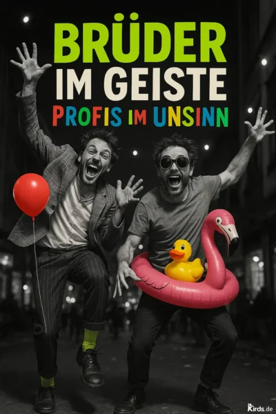Dieses Spruch-Bild zeigt zwei überdreht-fröhliche Männer, die inmitten einer nächtlichen Straße springen. Einer trägt eine Anzughose mit knallgrünen Socken und hält einen roten Luftballon. Der andere trägt eine Sonnenbrille, hat einen pinken Flamingo-Schwimmreifen um die Hüfte, darin sitzt eine gelbe Quietscheente. Beide lachen ausgelassen und zeigen wilde Gesten – eine Darstellung von ausgelassener Freude, tiefer Freundschaft und herrlichem Unsinn.