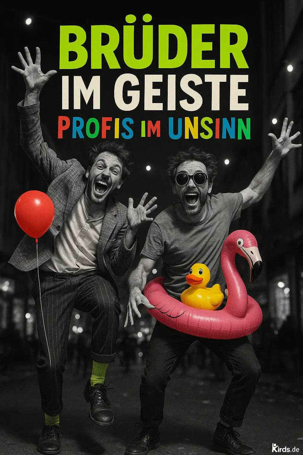 Dieses Spruch-Bild zeigt zwei überdreht-fröhliche Männer, die inmitten einer nächtlichen Straße springen. Einer trägt eine Anzughose mit knallgrünen Socken und hält einen roten Luftballon. Der andere trägt eine Sonnenbrille, hat einen pinken Flamingo-Schwimmreifen um die Hüfte, darin sitzt eine gelbe Quietscheente. Beide lachen ausgelassen und zeigen wilde Gesten – eine Darstellung von ausgelassener Freude, tiefer Freundschaft und herrlichem Unsinn.