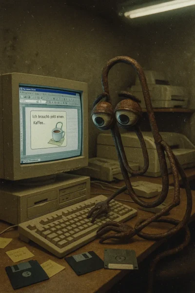 Dieses Spruch-Bild ist kreativ und nostalgisch zugleich: Die ikonische Microsoft-Büroklammer „Clippy“ ist als verrostete, lebendig gewordene Figur dargestellt, die erschöpft an einem alten Röhrenmonitor mit Windows 95-Optik sitzt. Auf dem Bildschirm steht der Spruch „Ich brauch' jetzt einen Kaffee…“ neben einer Illustration einer Kaffeetasse. Die Szene spielt in einem schummrig beleuchteten Büro voller veralteter Technik, inklusive Disketten, Faxgerät und Röhrenbildschirm – ein humorvoll-dystopischer Rückblick auf die Anfänge des digitalen Zeitalters.