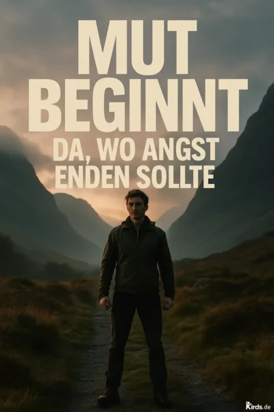 Dieses Spruch-Bild zeigt eine eindrucksvolle Szene: Ein junger Mann steht auf einem schmalen Pfad inmitten eines weiten Tals, eingerahmt von majestätischen, dunklen Bergen. Der Himmel ist von dramatischem Licht durchzogen, als würde der Sonnenuntergang oder Sonnenaufgang die Szene in sanfte, aber kraftvolle Farben tauchen. Der Mann steht fest und entschlossen, was die Botschaft von Mut und Überwindung optisch unterstreicht.