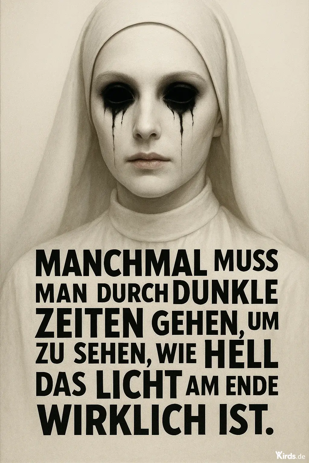 Dieses Bild ist besonders eindrucksvoll und hat eine düstere, beinahe surreale Ästhetik. Es zeigt eine bleich wirkende Frau in Nonnenkleidung mit tiefschwarzen Augen, aus denen schwarze Tränen zu fließen scheinen – ein sehr dramatisches und emotional aufgeladenes Motiv. Der Text auf dem Bild lautet: „Manchmal muss man durch dunkle Zeiten gehen, um zu sehen, wie hell das Licht am Ende wirklich ist.“