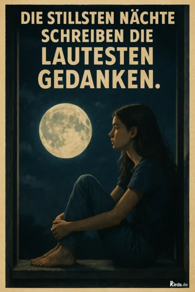 Dieses Spruch-Bild zeigt eine junge Frau, die nachdenklich in einem offenen Fenster sitzt. Sie blickt in die dunkle Nacht, in der ein heller, voller Mond am Himmel leuchtet. Ihre Haltung ist ruhig, beinahe melancholisch. Das Bild strahlt Stille, Nachdenklichkeit und eine gewisse Einsamkeit aus, passend zum tiefgründigen Spruch.