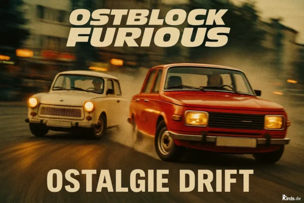 Dieses Spruch-Bild ist dynamisch und humorvoll: Zwei ikonische Ostblock-Autos – ein weißer Trabant und ein roter Wartburg – liefern sich ein actiongeladenes Driftrennen auf einer städtischen Straße bei Dämmerung. Rauch steigt von den Reifen auf, während die Fahrzeuge spektakulär um eine Kurve schleudern. Im Hintergrund sind verschwommene Lichtquellen von Gebäuden zu sehen, die das Gefühl von Geschwindigkeit und Chaos verstärken. Der Bildstil erinnert an eine Vintage-Filmszene und verleiht dem Motiv einen nostalgischen Charme.