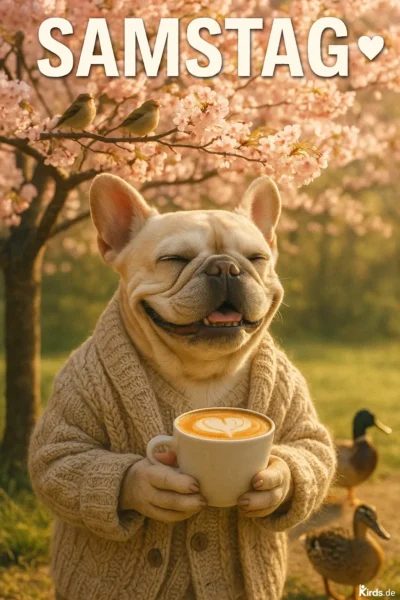 Dieses Spruch-Bild ist fröhlich und charmant: Ein glücklicher Mops trägt einen dicken Strickpullover und hält eine Tasse Cappuccino mit Latte Art in Herzform. Er steht vor einem blühenden Kirschbaum, auf dessen Ästen zwei Vögel sitzen. Im Hintergrund laufen zwei Enten durch das grüne Gras. Die Szene wirkt wie ein friedlicher Frühlingsmorgen im Park.