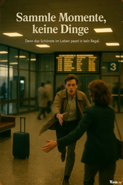 Dieses Bild zeigt eine emotionale Szene in einem Flughafen: Ein junger Mann läuft mit ausgebreiteten Armen auf eine Frau zu, die ihm ebenfalls entgegnet – kurz vor einer innigen Umarmung. Im Hintergrund erkennt man unscharfe Details einer typischen Flughafenhalle mit Fluginformationstafel, Koffer, Wartebank und Passanten. Die Atmosphäre wirkt filmisch und nostalgisch, als wäre die Szene einem alten Liebesfilm entsprungen. Es vermittelt intensiv das Gefühl von Wiedersehen, Sehnsucht und den unbezahlbaren Wert gemeinsamer Momente.