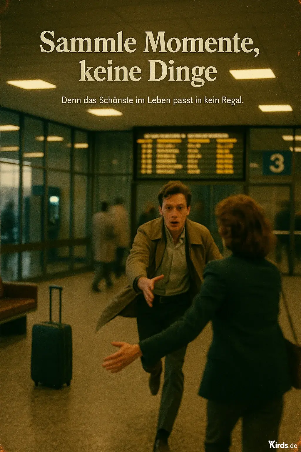Dieses Bild zeigt eine emotionale Szene in einem Flughafen: Ein junger Mann läuft mit ausgebreiteten Armen auf eine Frau zu, die ihm ebenfalls entgegnet – kurz vor einer innigen Umarmung. Im Hintergrund erkennt man unscharfe Details einer typischen Flughafenhalle mit Fluginformationstafel, Koffer, Wartebank und Passanten. Die Atmosphäre wirkt filmisch und nostalgisch, als wäre die Szene einem alten Liebesfilm entsprungen. Es vermittelt intensiv das Gefühl von Wiedersehen, Sehnsucht und den unbezahlbaren Wert gemeinsamer Momente.