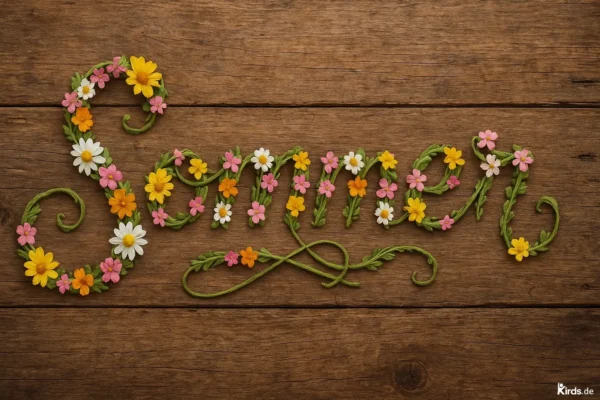 Dieses Spruch-Bild ist verspielt und natürlich: Das Wort „Sommer“ ist kunstvoll aus grünen Ranken und bunten Blüten in Gelb, Weiß, Pink und Orange geformt und liegt auf einem rustikalen Holzuntergrund. Die Kombination aus Naturmaterialien und leuchtenden Farben vermittelt Lebensfreude, Wärme und eine sommerliche Leichtigkeit.