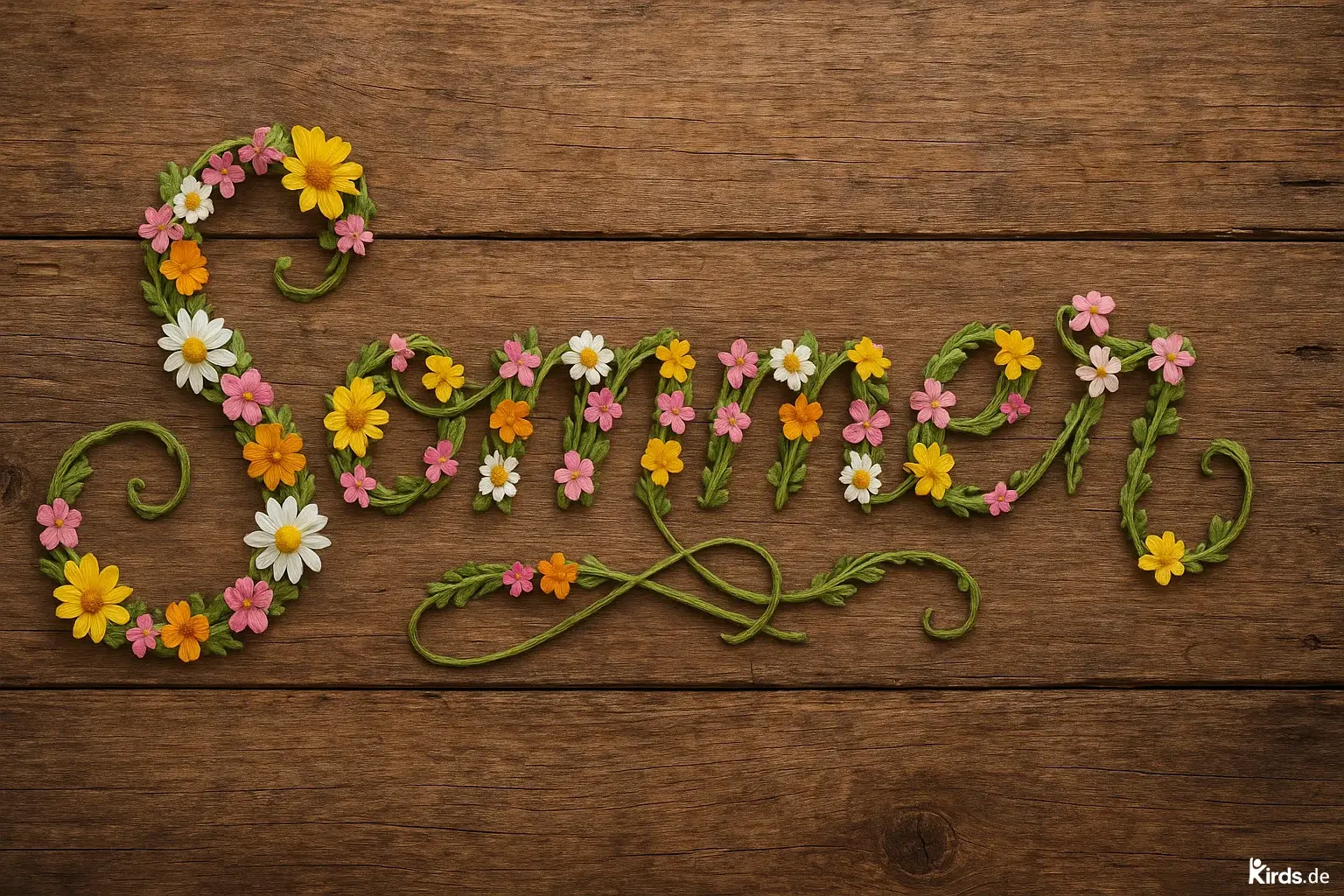 Dieses Spruch-Bild ist verspielt und natürlich: Das Wort „Sommer“ ist kunstvoll aus grünen Ranken und bunten Blüten in Gelb, Weiß, Pink und Orange geformt und liegt auf einem rustikalen Holzuntergrund. Die Kombination aus Naturmaterialien und leuchtenden Farben vermittelt Lebensfreude, Wärme und eine sommerliche Leichtigkeit.