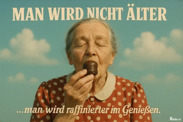 Dieses Spruch-Bild strahlt Ruhe, Wärme und Genuss aus: Eine ältere Frau mit geschlossenen Augen hält genüsslich einen Schokokuss an den Mund. Ihr Gesicht zeigt Zufriedenheit und innere Ruhe. Sie trägt ein rotes Kleid mit weißen Punkten, der Himmel im Hintergrund ist hellblau mit ein paar freundlichen Wolken. Das Gesamtbild vermittelt eine zeitlose, friedliche Atmosphäre voller Lebensfreude und Genuss.
