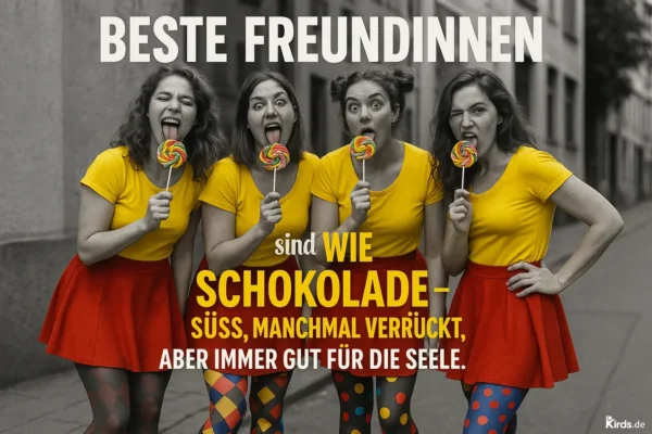 Vier junge Frauen stehen nebeneinander auf einer Straße. Sie tragen farblich abgestimmte Outfits mit gelben Oberteilen und roten Röcken, die durch bunte, auffällige Strumpfhosen ergänzt werden. Jede hält einen großen, bunten Lolli in der Hand und zieht eine lustige oder übertriebene Grimasse. Der Hintergrund ist entsättigt, während die Frauen und ihre Lollis farbig hervorgehoben sind – ein starker Kontrast, der den Fokus auf Lebensfreude, Spaß und Freundschaft legt.