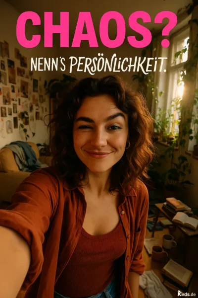 Dieses Spruch-Bild wirkt lebendig und charmant: Eine junge Frau mit lockigem Haar zwinkert selbstbewusst in die Kamera. Im Hintergrund erkennt man ein leicht chaotisches, aber gemütliches Zimmer mit vielen Pflanzen, offenen Büchern, einer Tasse Tee und Bildern an der Wand – ein Spiegelbild von gelebter Persönlichkeit. Der Spruch „Chaos? Nenn’s Persönlichkeit.“ ist prominent in großen, kontrastreichen Buchstaben eingefügt und unterstreicht die verspielte, individuelle Atmosphäre der Szene.