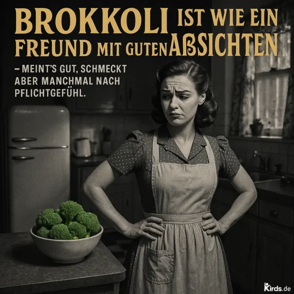 Dieses Spruch-Bild spielt mit einem Vintage-Ästhetik-Stil: Eine Frau im 50er-Jahre-Kleid und Schürze steht mit verschränkten Armen in einer altmodischen Küche. Auf der Kücheninsel vor ihr liegt eine Schale voller frischem Brokkoli. Ihr Gesichtsausdruck ist skeptisch bis genervt – eine perfekte visuelle Umsetzung des Gefühls, das der Spruch beschreibt: gut gemeint, aber nicht unbedingt geliebt.