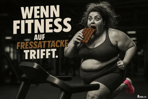 Dieses Spruch-Bild ist ein humorvolles und gleichzeitig kritisches Kunstwerk: Eine übergewichtige Frau rennt auf einem Laufband, dabei hält sie eine große Tafel Schokolade in der Hand und beißt mit übertriebener Mimik hinein. Ihr Gesichtsausdruck ist ekstatisch, fast karikaturhaft. Der Hintergrund zeigt eine dunkle Fitnessstudio-Atmosphäre, der Kontrast zwischen körperlicher Anstrengung und Esslust wird visuell überspitzt dargestellt – eine pointierte Darstellung des inneren Konflikts zwischen Fitness und Genuss.