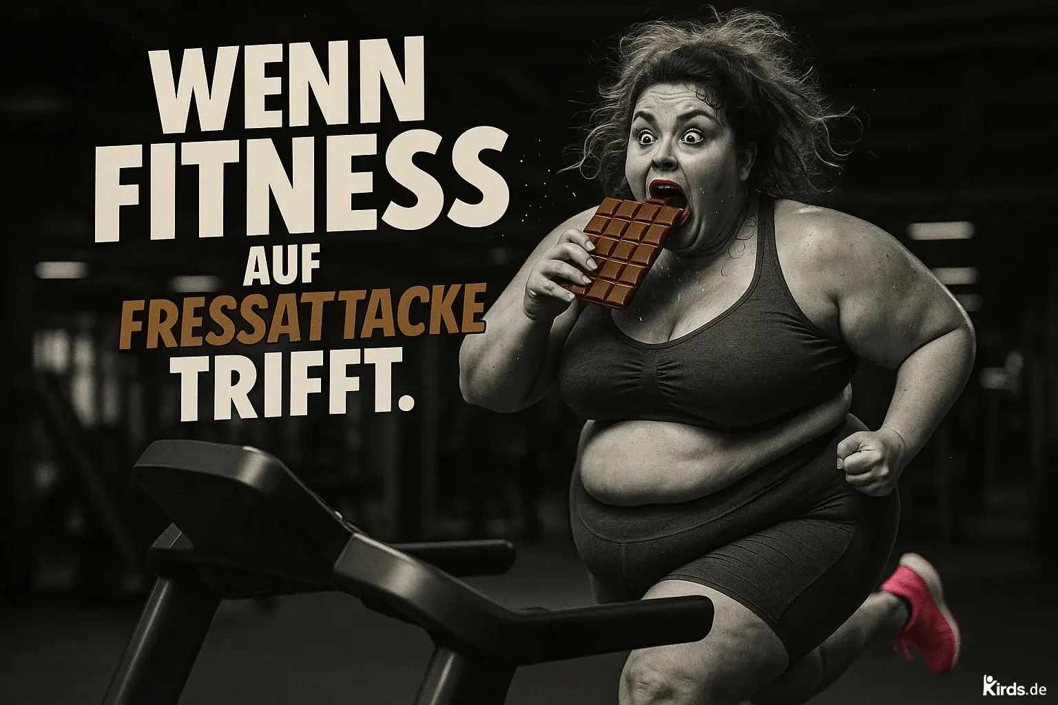 Dieses Spruch-Bild ist ein humorvolles und gleichzeitig kritisches Kunstwerk: Eine übergewichtige Frau rennt auf einem Laufband, dabei hält sie eine große Tafel Schokolade in der Hand und beißt mit übertriebener Mimik hinein. Ihr Gesichtsausdruck ist ekstatisch, fast karikaturhaft. Der Hintergrund zeigt eine dunkle Fitnessstudio-Atmosphäre, der Kontrast zwischen körperlicher Anstrengung und Esslust wird visuell überspitzt dargestellt – eine pointierte Darstellung des inneren Konflikts zwischen Fitness und Genuss.