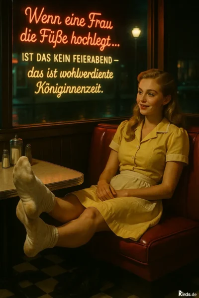 Dieses Spruch-Bild zeigt eine Frau in einem Retro-Diner, die entspannt in einer roten Lederbank sitzt und die Beine in gemütlichen Wollsocken auf die gegenüberliegende Bank gelegt hat. Sie trägt ein gelbes Kleid im 50er-Jahre-Stil und lächelt zufrieden. Im Hintergrund leuchtet in stilisierter Neon-Schrift der Spruch an einem Fenster, durch das nächtliches Straßenlicht fällt. Die Szene vermittelt Wärme, Nostalgie und Selbstfürsorge.