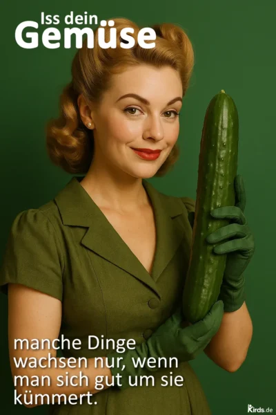 Dieses Spruch-Bild ist humorvoll und stilisiert im Retro-Stil gehalten: Eine Frau mit klassischer 50er-Jahre-Frisur und rotem Lippenstift trägt ein olivgrünes Kleid und passende Handschuhe. Mit einem charmanten Lächeln hält sie eine große, glänzende Gurke in die Kamera. Der grüne Hintergrund harmoniert mit ihrem Outfit. Das gesamte Setting wirkt wie eine nostalgische Werbeanzeige – mit einem ironischen Augenzwinkern.
