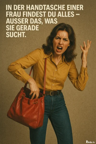 Dieses Spruch-Bild zeigt eine Frau mit wütend-genervtem Gesichtsausdruck, die in einer großen, roten Handtasche kramt. Sie trägt eine senfgelbe Bluse und eine hochgeschnittene Jeans, was dem Bild einen Retro-Charme verleiht. Ihre Gestik – eine Hand in der Tasche, die andere fragend in die Luft gestreckt – unterstreicht perfekt das Gefühl von Frustration und Unverständnis. Der beige Hintergrund lenkt den Fokus auf die Szene selbst. Der Spruch ist oben links in großer, weißer Schrift gesetzt und wirkt wie ein direktes Zitat ihrer Gedanken. Die Bildkomposition ist humorvoll und gleichzeitig ausdrucksstark – ein echter Hingucker.