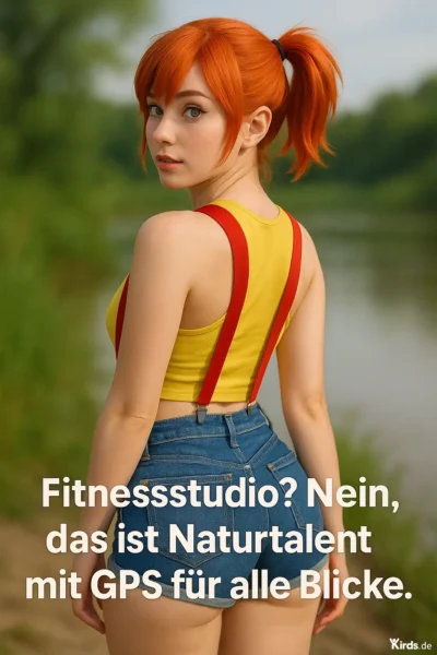 Das Bild zeigt eine junge Frau mit auffallend rotem Haar, das zu einem Pferdeschwanz gebunden ist. Sie trägt ein gelbes, bauchfreies Top mit roten Hosenträgern und eine blaue Jeans-Shorts. Die Szenerie ist sommerlich und entspannt – im Hintergrund ist ein ruhiger Fluss oder See zu sehen, eingerahmt von grüner Natur. Die Frau schaut über die Schulter direkt in die Kamera, was dem Bild einen verspielten und zugleich selbstbewussten Ausdruck verleiht. Der Spruch ist in großer weißer Schrift auf die untere Hälfte des Bildes gesetzt und hebt sich gut vom Hintergrund ab.